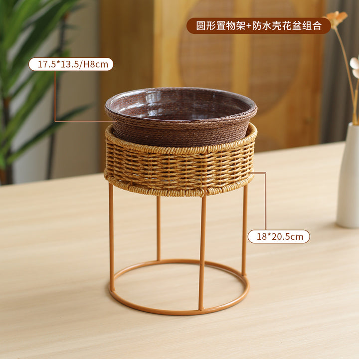 Unisex Modern Plant Stand with Woven Basket and Metal Frame Bowlift