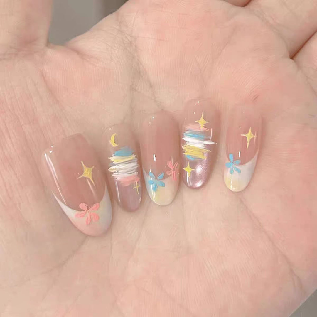 Artistic Press-On Nail Set with Whimsical Floral Patterns Bowlift