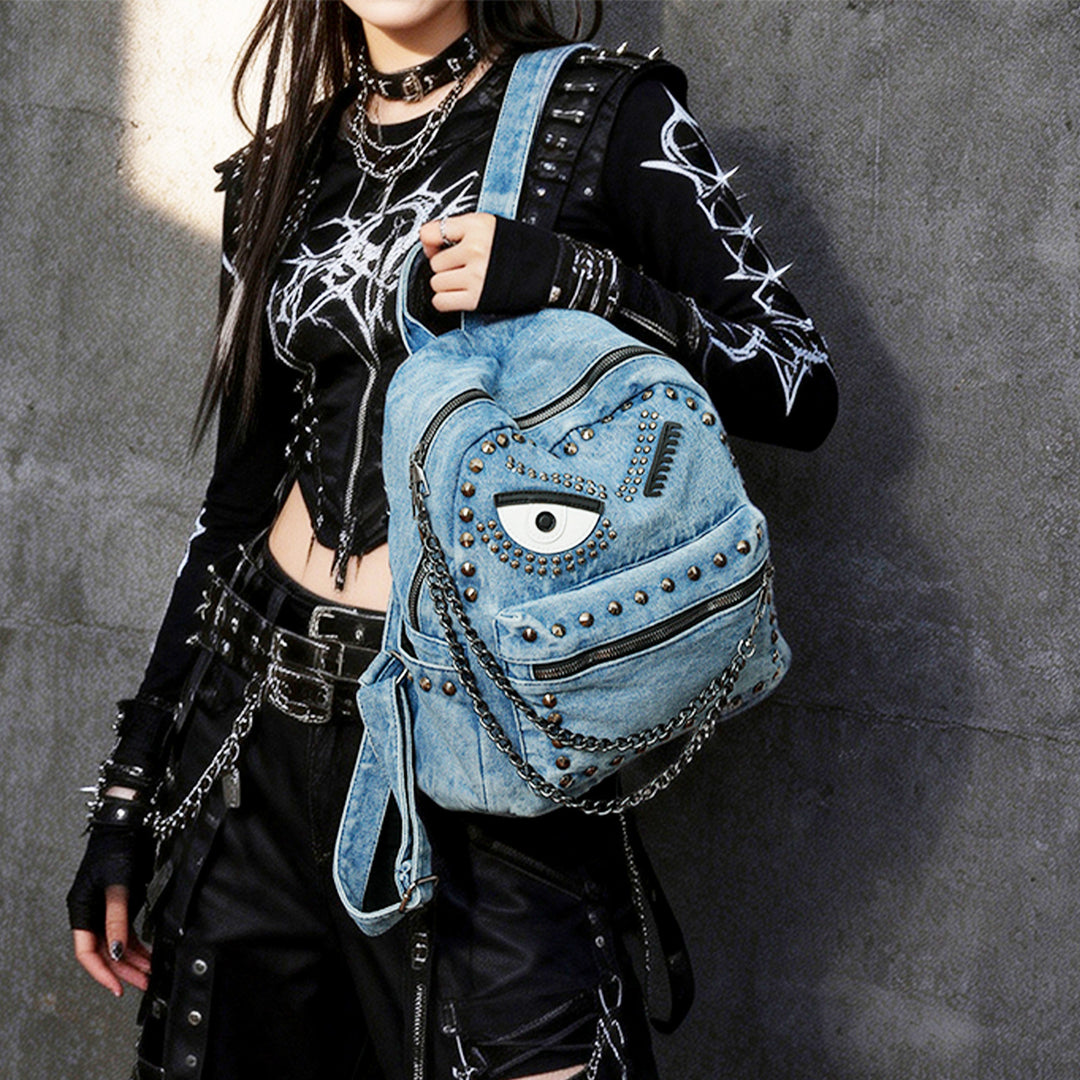Stylish Denim Backpack with Decorative Rivets