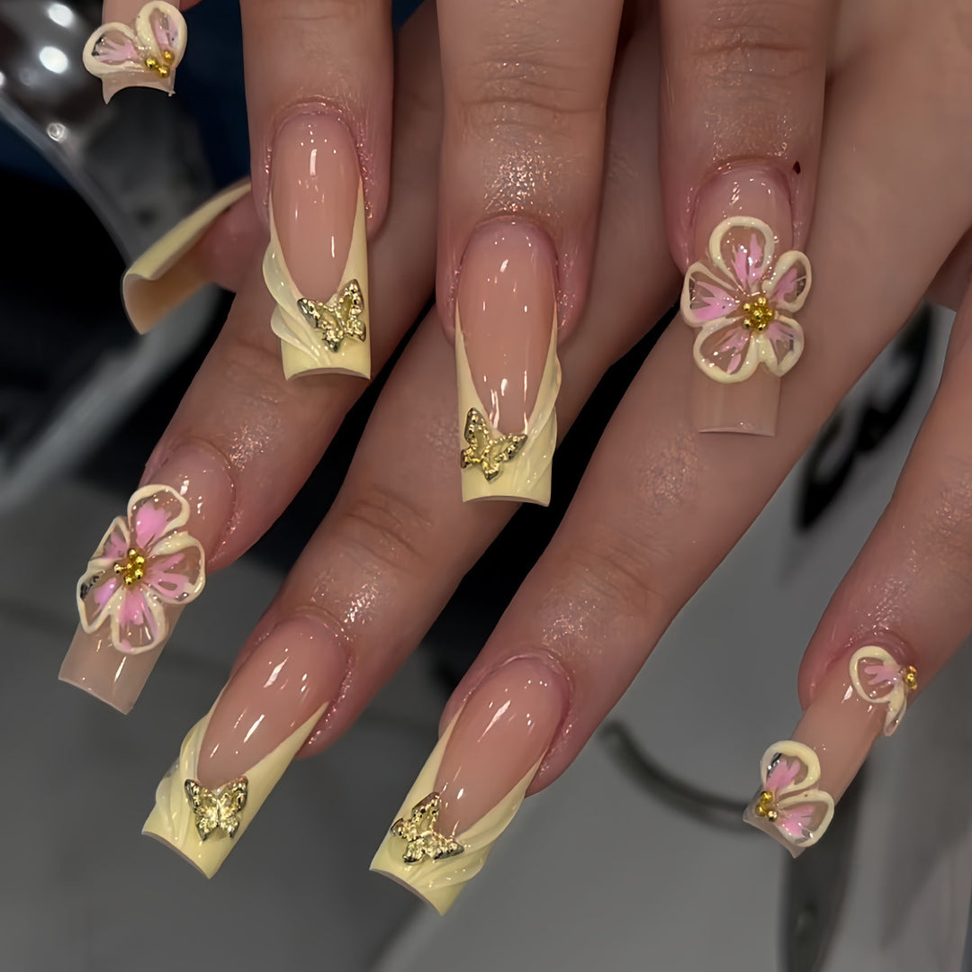 Artistic Floral Acrylic Press-On Nail Extensions Bowlift