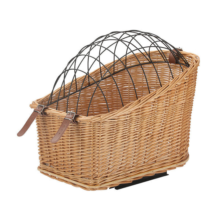 front-mount wicker bicycle pet carrier basket with foldable metal safety dome and adjustable leather buckle straps Bowlift