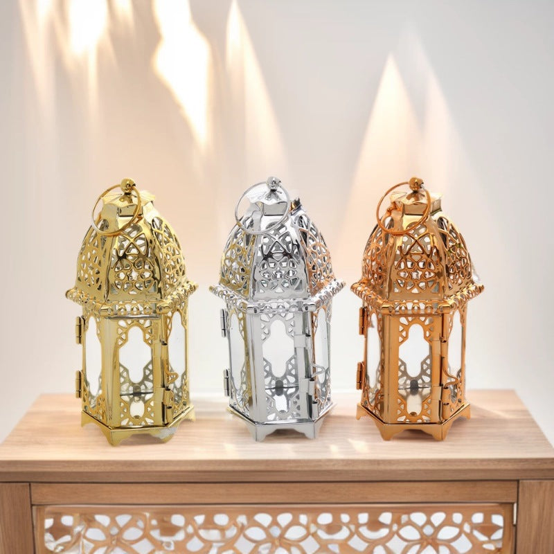 Intricate Cutwork Metal Tealight Lantern with Hinged Glass Panels Bowlift