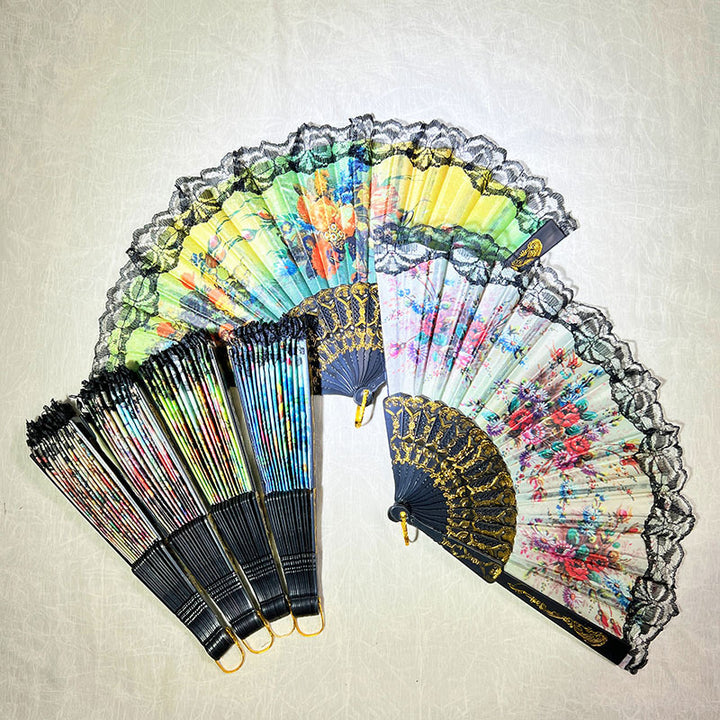 Ladies Elegant Hand Fan with Floral Design and Lace Edges Bowlift