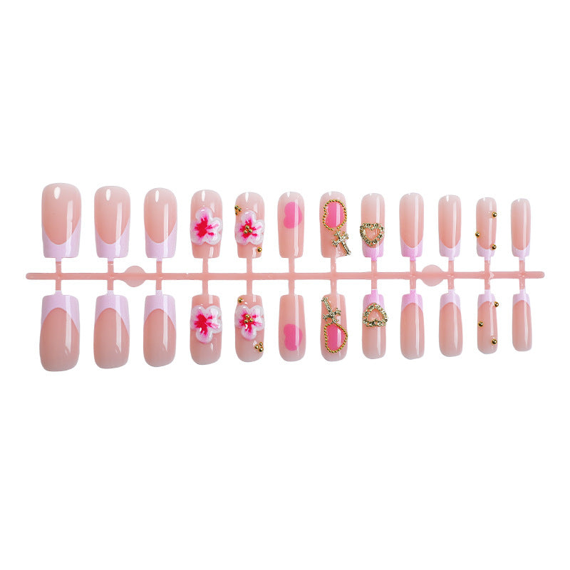 Decorative Floral Press-On Nail Set with Gem Accents Bowlift