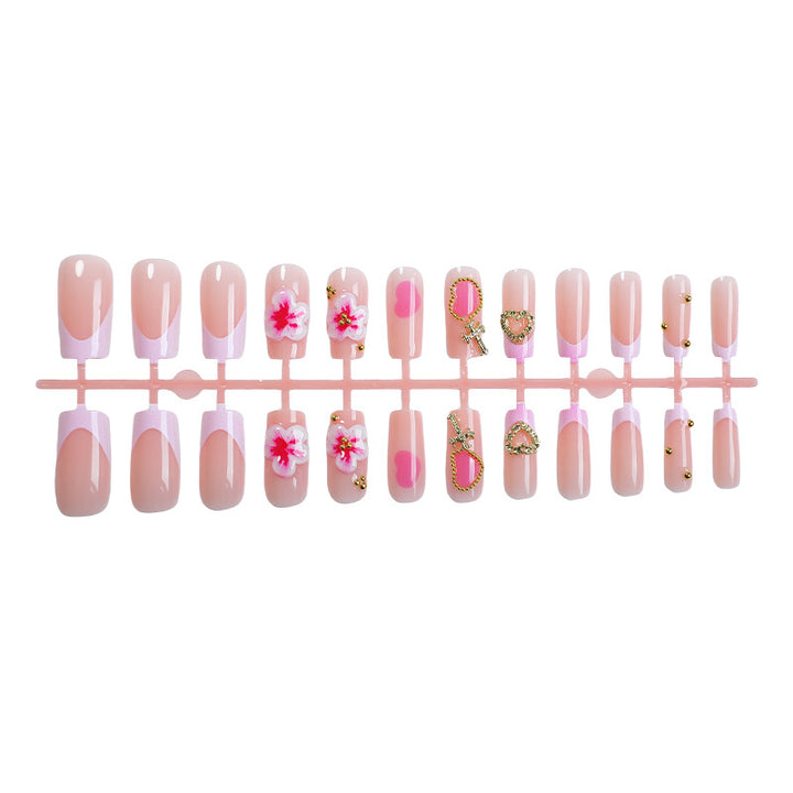 Decorative Floral Press-On Nail Set with Gem Accents Bowlift
