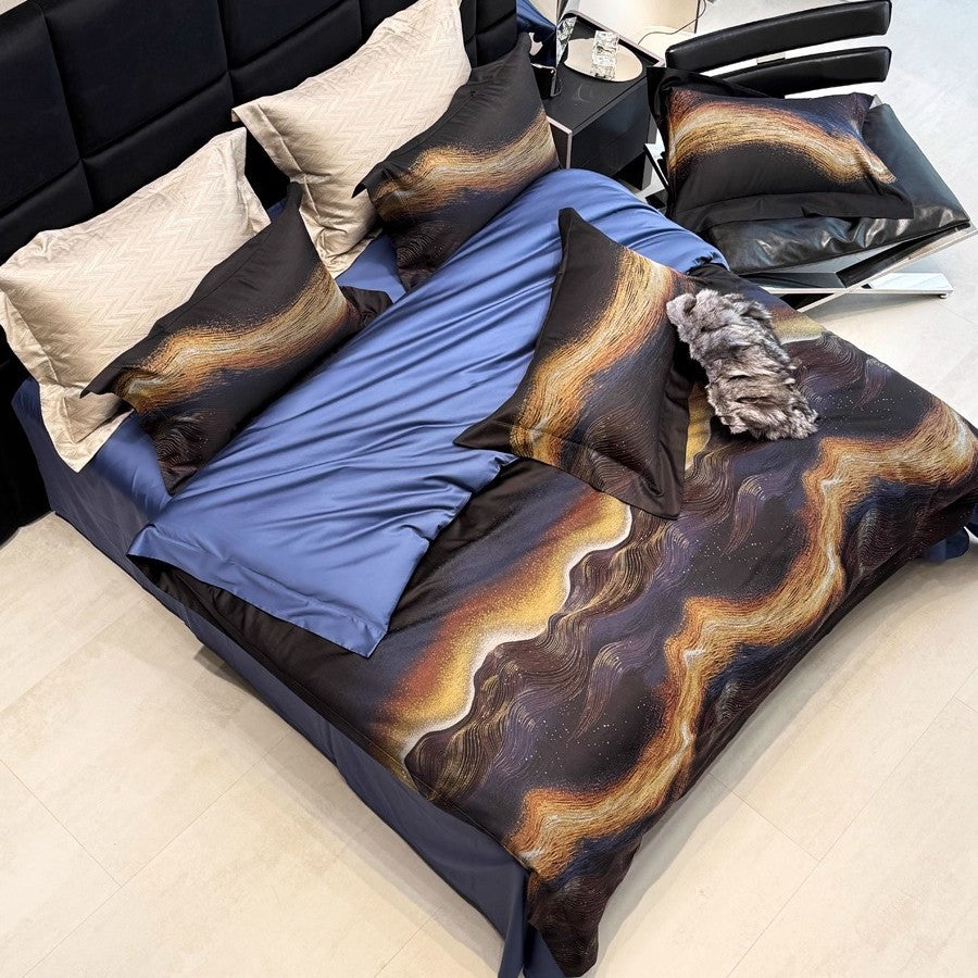 Premium Abstract Wave-Print Cotton Sateen Duvet Cover Bedding Set with Reversible Solid Back