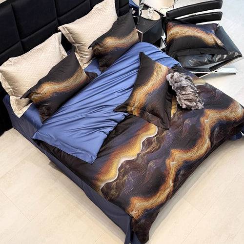 Premium Abstract Wave-Print Cotton Sateen Duvet Cover Bedding Set with Reversible Solid Back