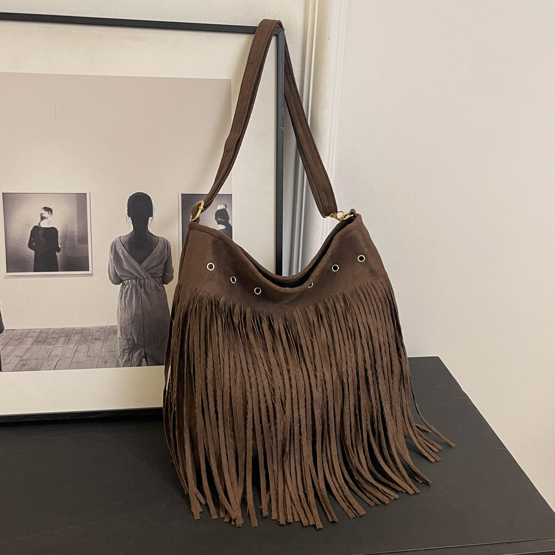Suede Fringe Shoulder Bag Bowlift