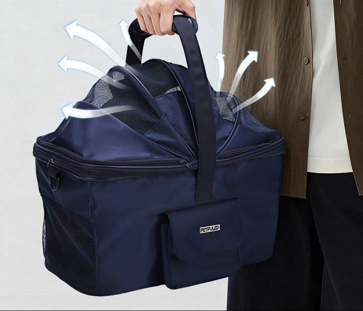 collapsible breathable pet carrier bag with reinforced base and padded handles Bowlift
