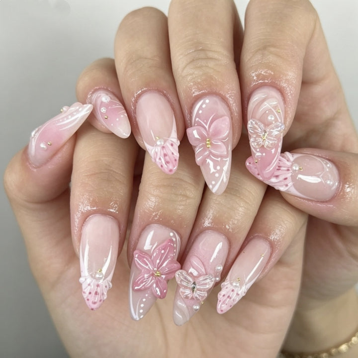 Artificial nails with romantic flower and butterfly accents Bowlift