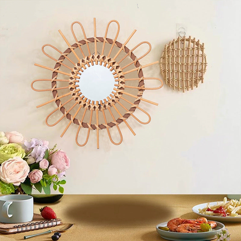 Trendy Round Wall Mirror with Rattan Frame Bowlift