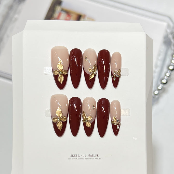 Premium Press-On Nail Art Set with Elegant Heart & Leaf Design Bowlift