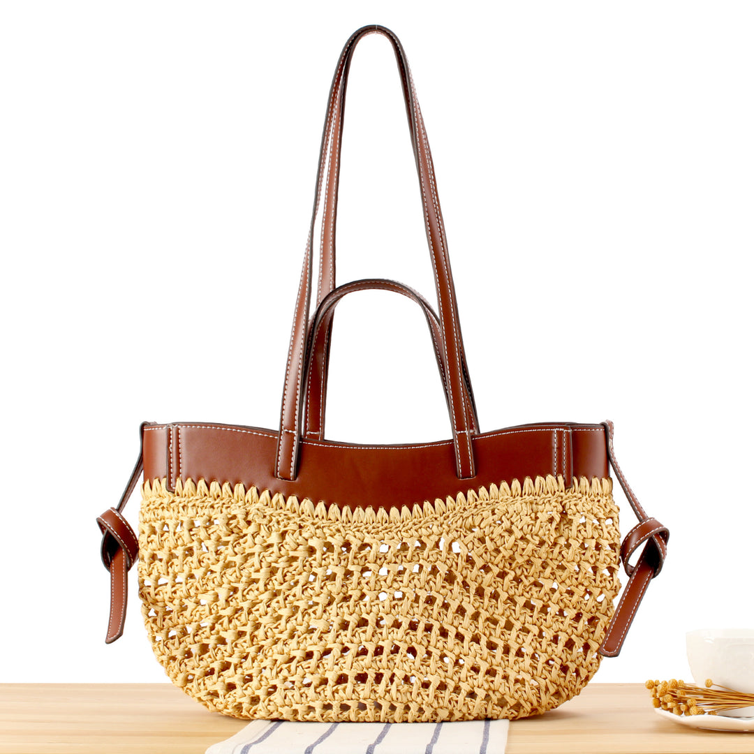 Braided Bast Handbag with Elegant Leather Accents Bowlift