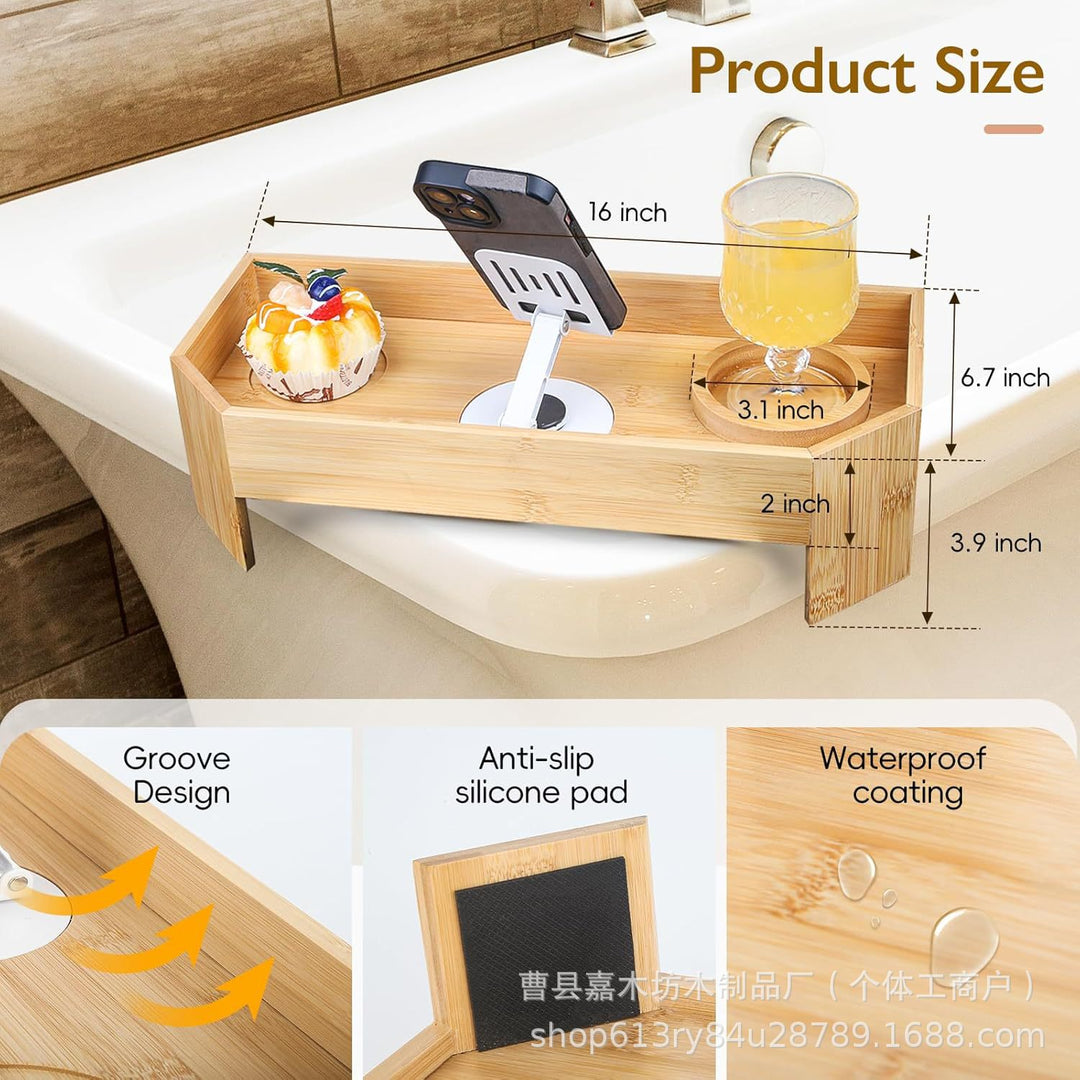 Adjustable Bamboo Bathtub Caddy With Foldable Tablet Stand And Drink Holder Bowlift