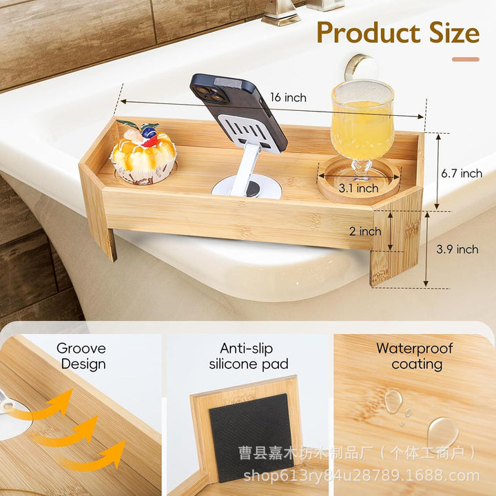 Adjustable Bamboo Bathtub Caddy With Foldable Tablet Stand And Drink Holder Bowlift