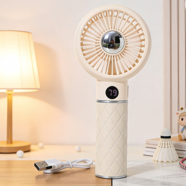Ladies Portable Mini Hand Fan with Digital Temperature Display and Cute Bear Design Bowlift