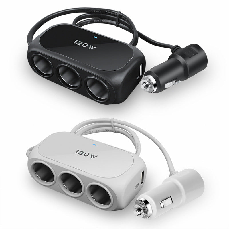 Car Cigarette Lighter Socket Triple Splitter with USB Fast-Charge and Surge Protection Bowlift