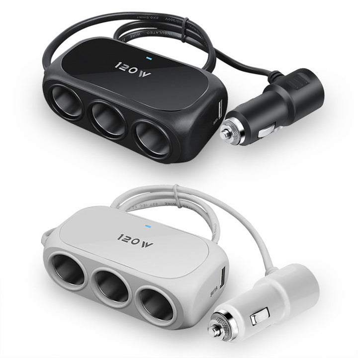 Car Cigarette Lighter Socket Triple Splitter with USB Fast-Charge and Surge Protection Bowlift