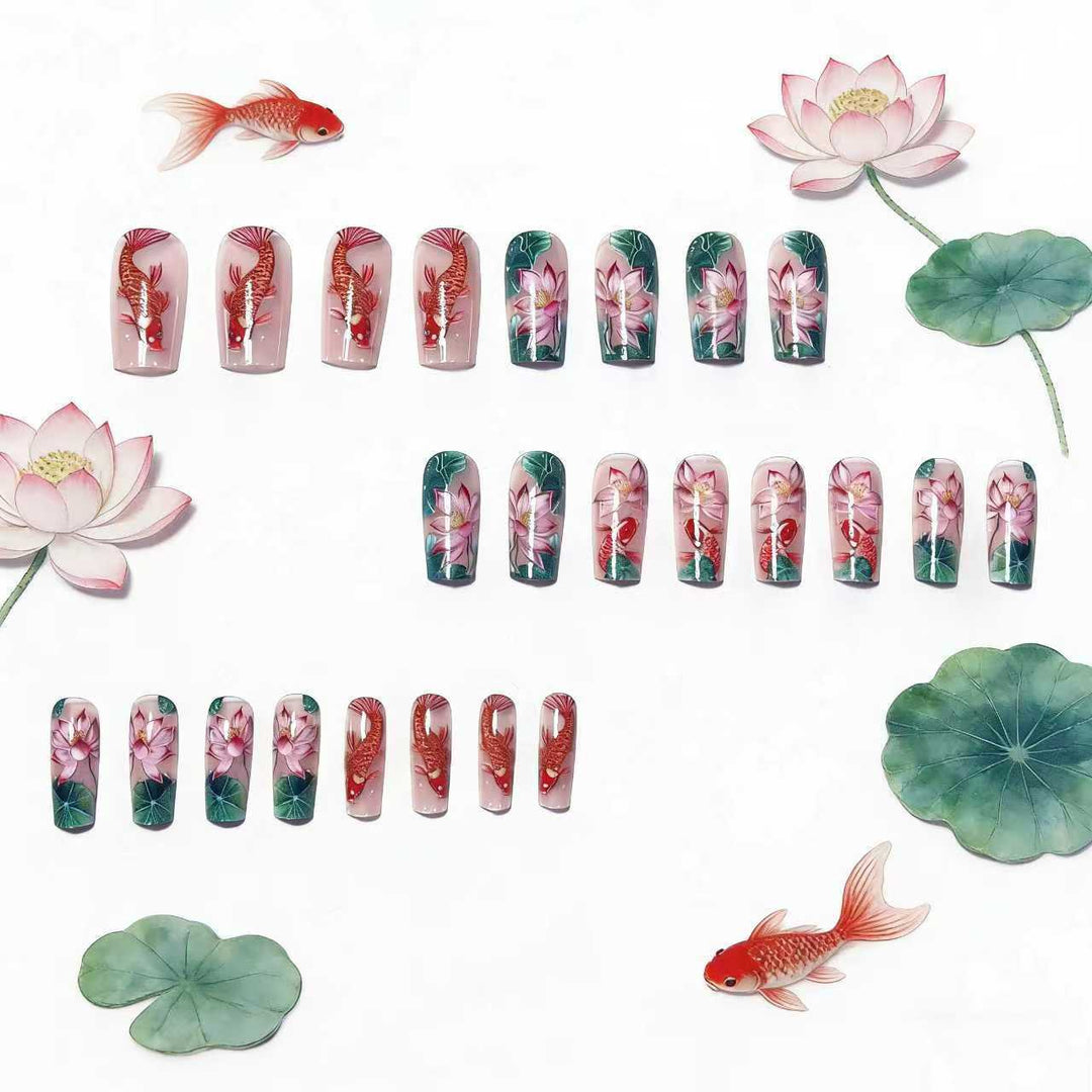 Artistic Water Lily and Koi Fish Nail Art Bowlift