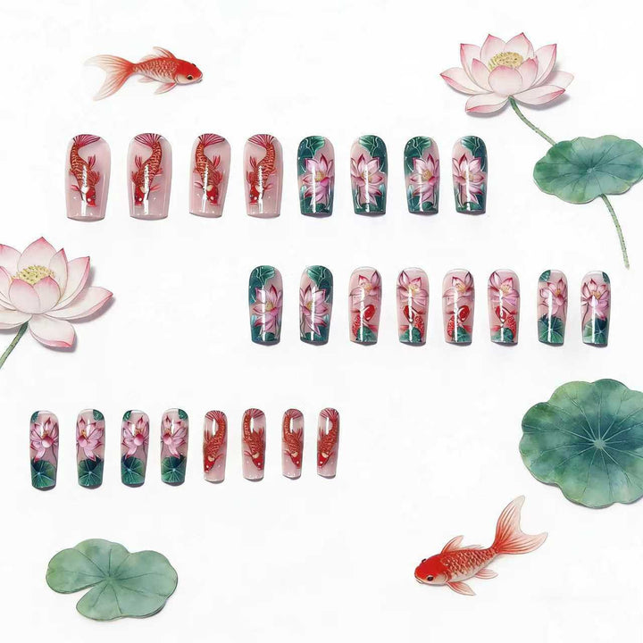 Artistic Water Lily and Koi Fish Nail Art Bowlift