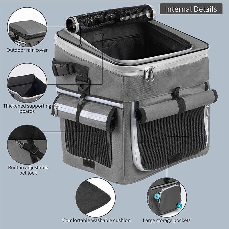 expandable front bike pet carrier basket with dual-access roll-top canopy and organizer pockets Bowlift