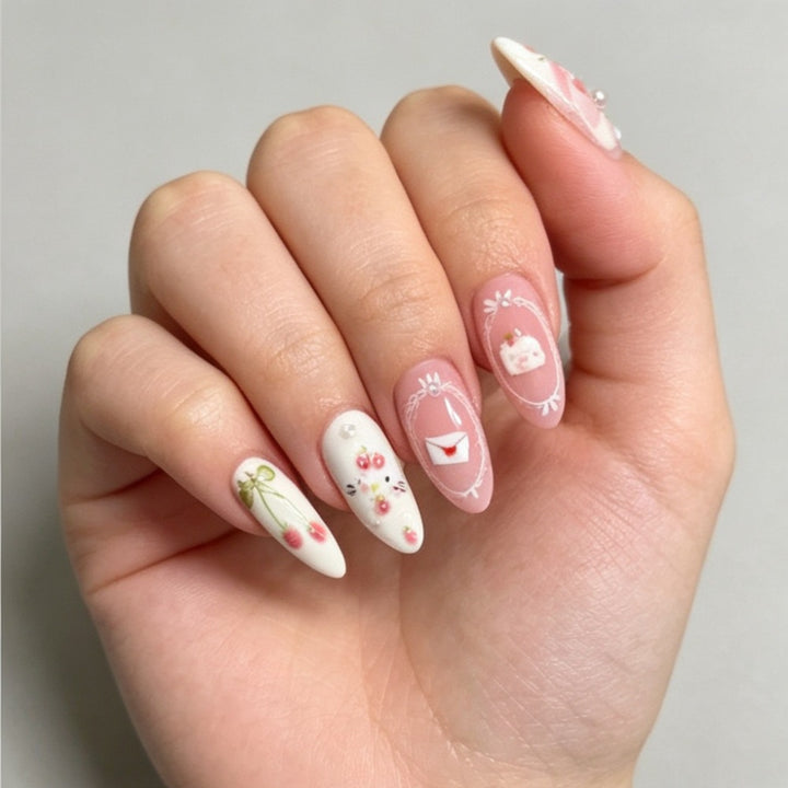 Decorative Press-On Nail Art Set with Floral and Bow Designs Bowlift