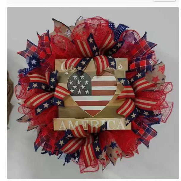 Unisex nan Patriotic Americana Heart Flag Wreath with Ribbon Mesh, Wooden Heart Cutout and Star Accent Bowlsift Bowlift