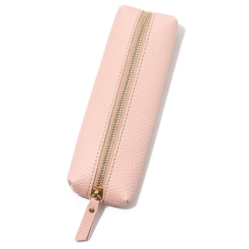 Genuine Pebbled Leather Slim Pen Case with Gold Zipper Bowlift