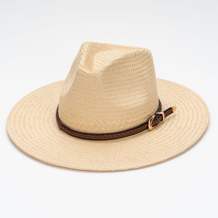Straw Flat Brim Hat with Leather Trim | Bowlift