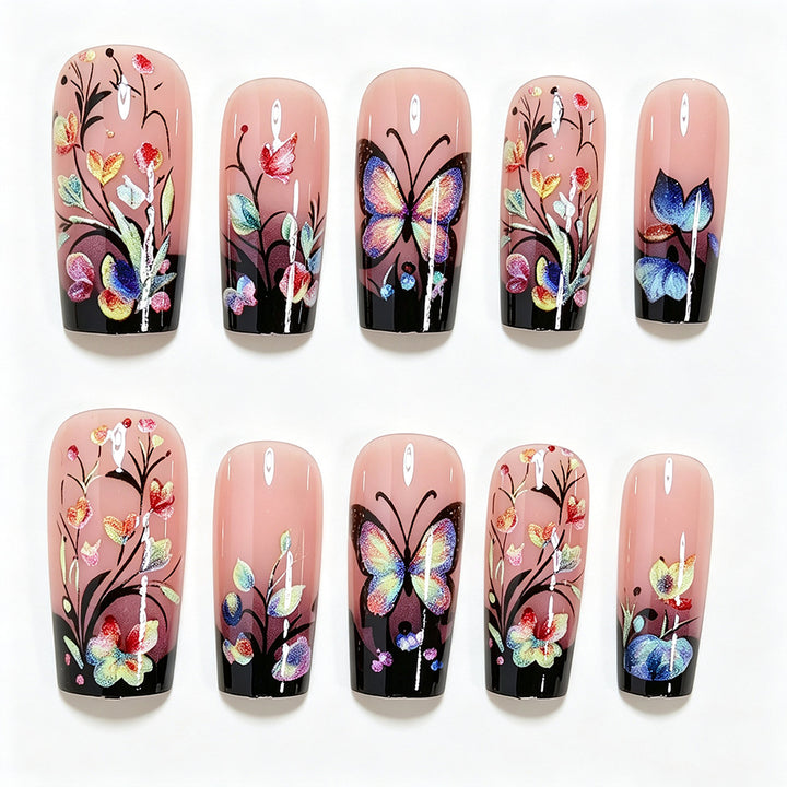 Artistic Floral and Butterfly Press-On Nail Art Bowlift