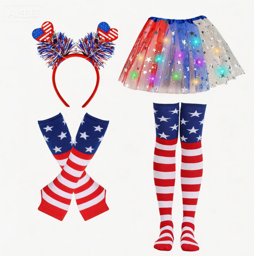 Women's patriotic carnival costume set with layered tulle skirt elastic waistband bow hairband thigh-high stockings and arm warmers Bowlift
