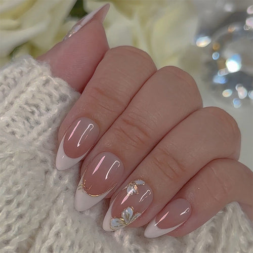 Floral Design Press-On Nail Set with Elegant French Tips Bowlift