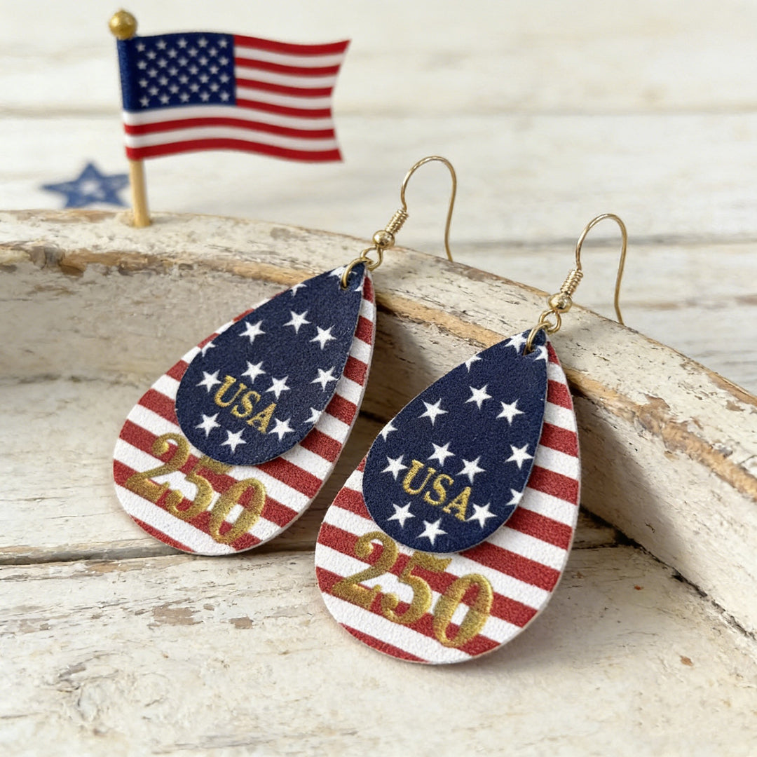 Women's nan layered teardrop patriotic faux leather dangle earrings with gold-tone fishhook Bowlift