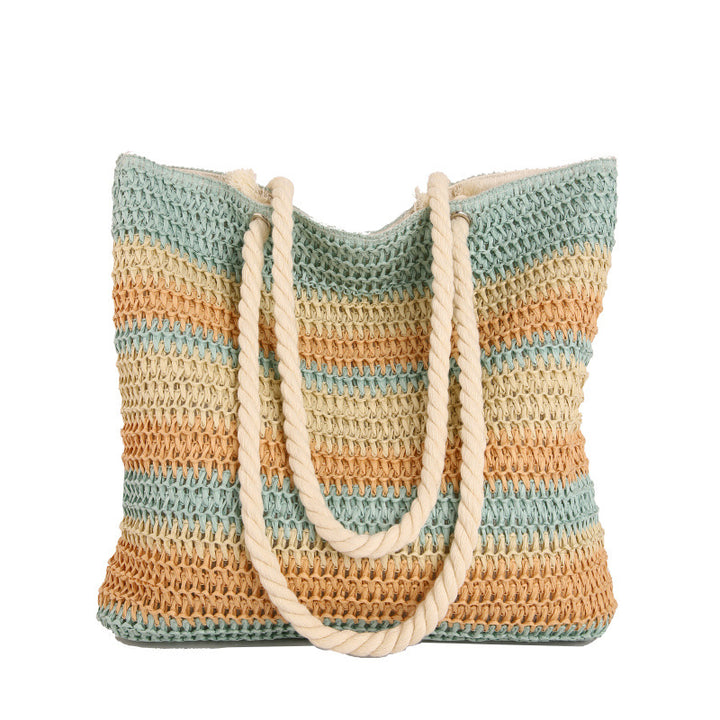 Striped Crochet Beach Tote with Rope Handles and Lined Interior Bowlift