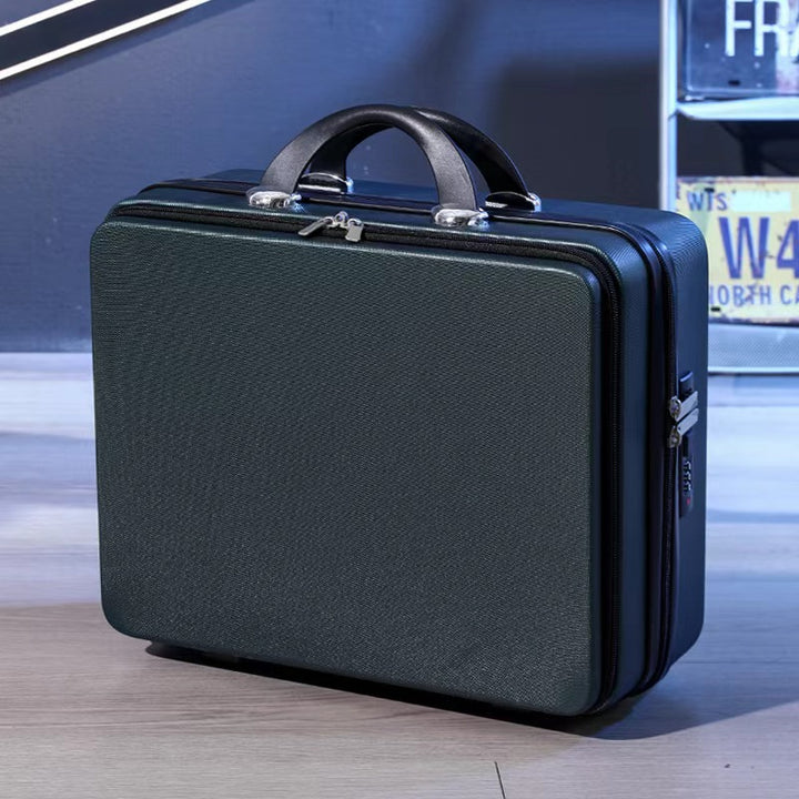 compact hard-shell travel vanity makeup case with TSA combination lock and dual-zip compartments Bowlift