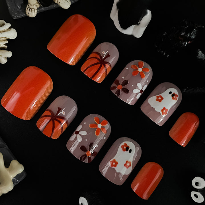 Artistic Press-On Nail Set with Halloween Themed Designs Bowlift