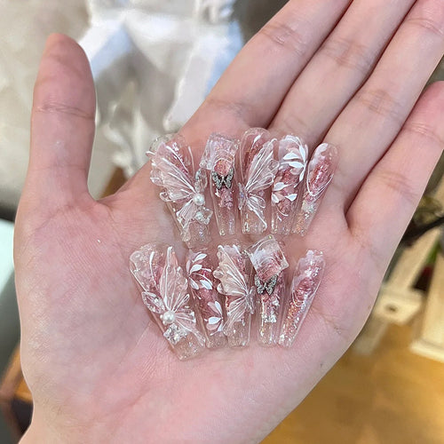 Decorative Acrylic Press-On Nail Tips with Elegant Floral Accents Bowlift