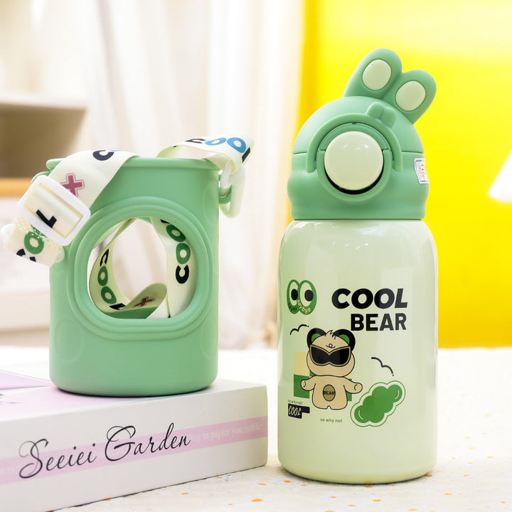 Ladies insulated drinking bottle with cute bear design and practical carrying strap Bowlift