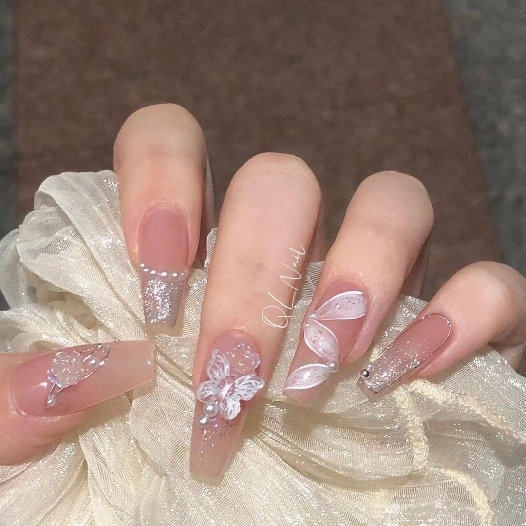 Artistic Floral-Design Press-On Nail Set Bowlift