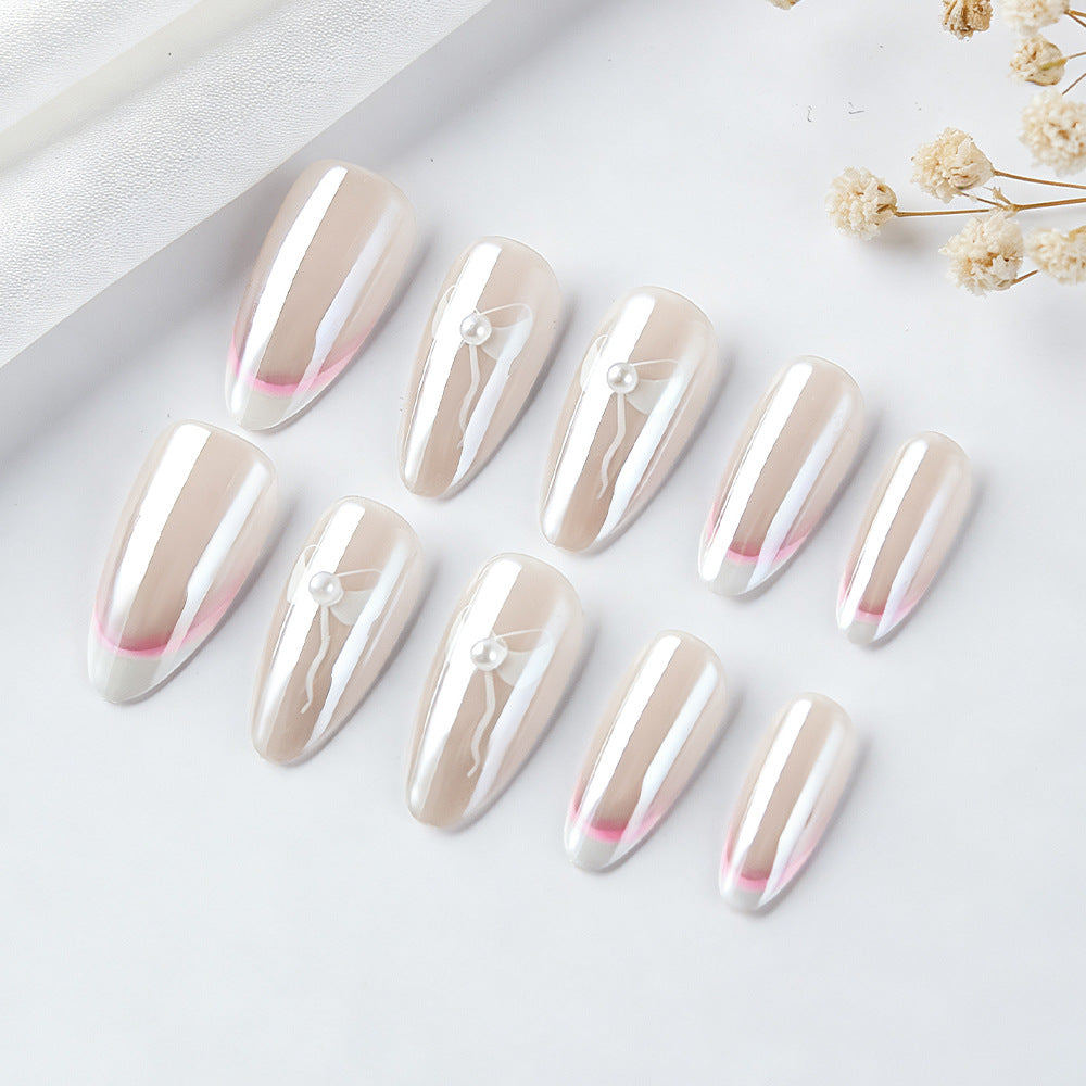 Elegant French Tip Press-On Nails with Bow Accents Bowlift