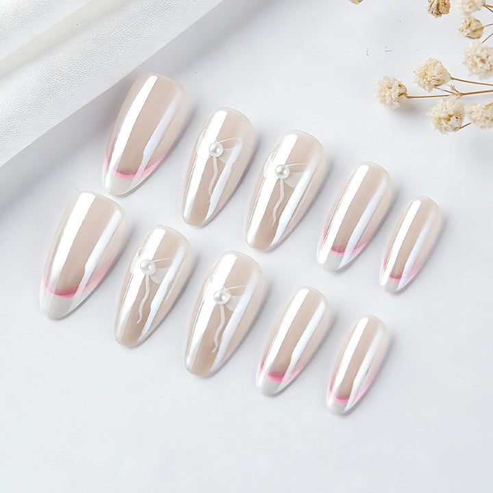 Elegant French Tip Press-On Nails with Bow Accents Bowlift