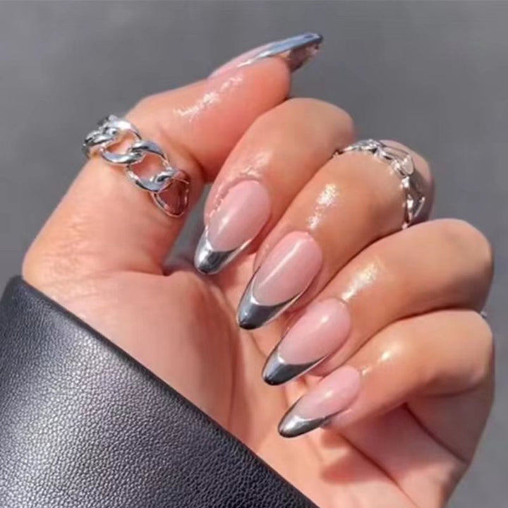 Glossy Stiletto Press-On Nail Set with Silver Accents Bowlift