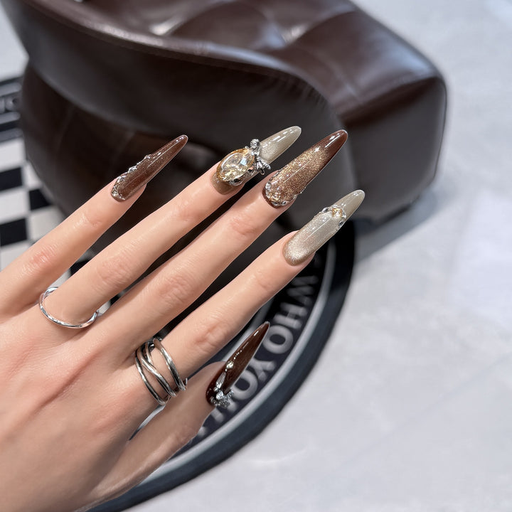 Artistic Stiletto Press-On Nail Set with Gemstone Accents Bowlift