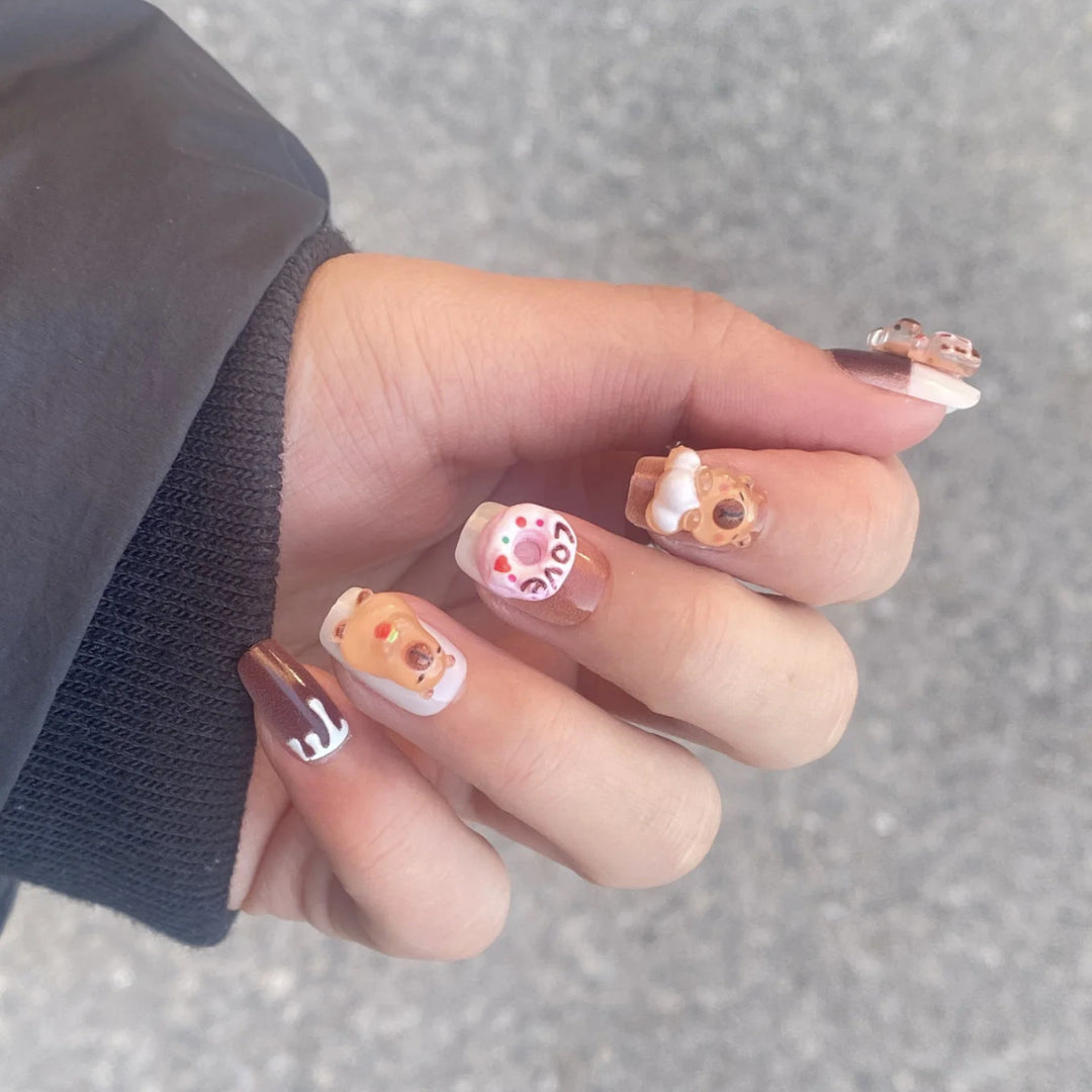 Cute Character-Themed Press-On Nail Set with 3D Bear Designs Bowlift