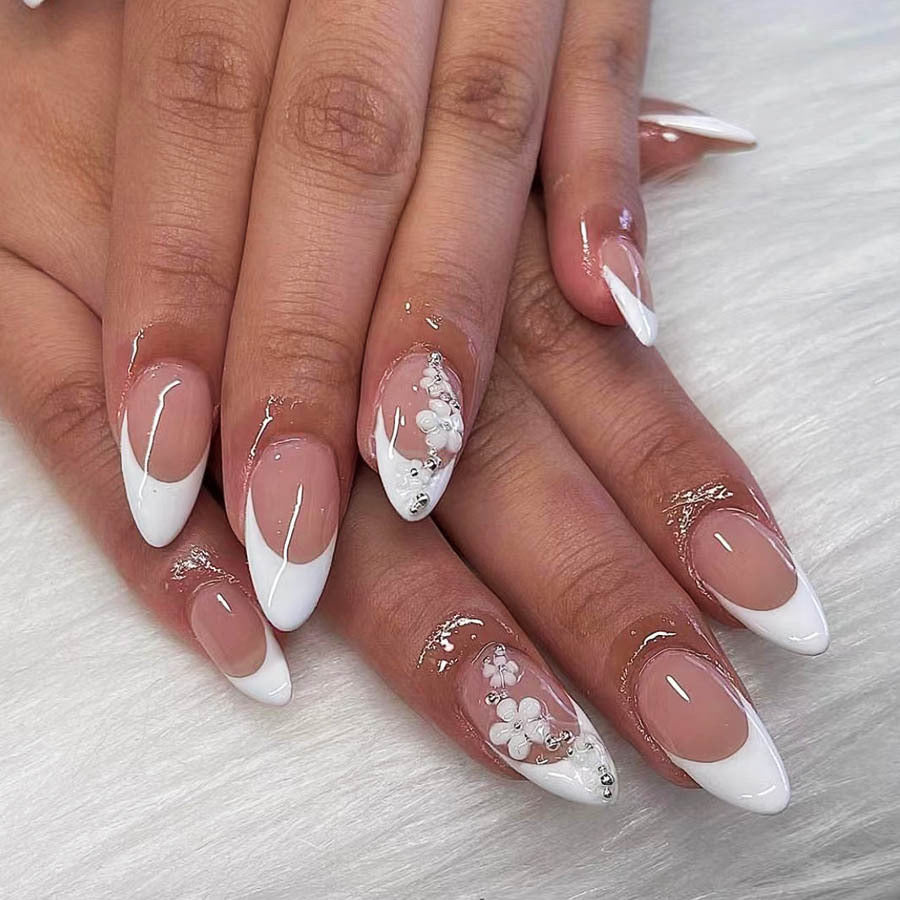Acrylic Nail Set with Filigree Flower Decorations and Elegant French Design Bowlift