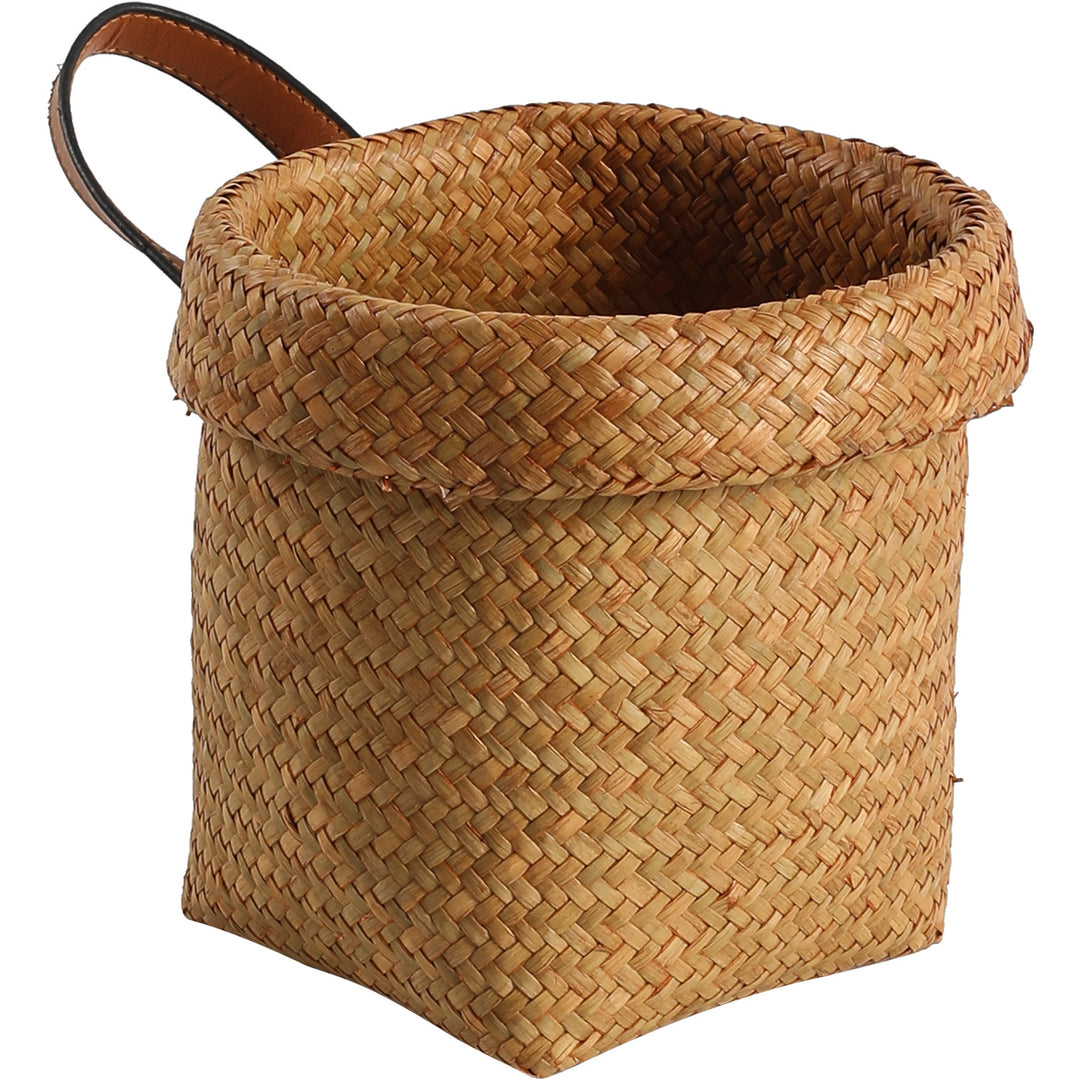 Handwoven Natural Storage Bin with Leather Trim Bowlift
