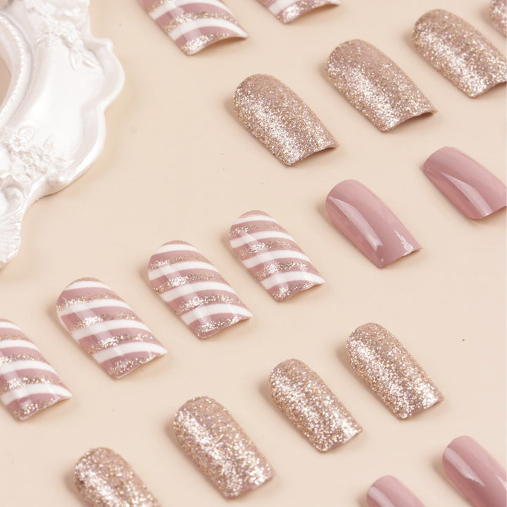 Glamorous Glitter and Striped Press-On Nail Art Bowlift