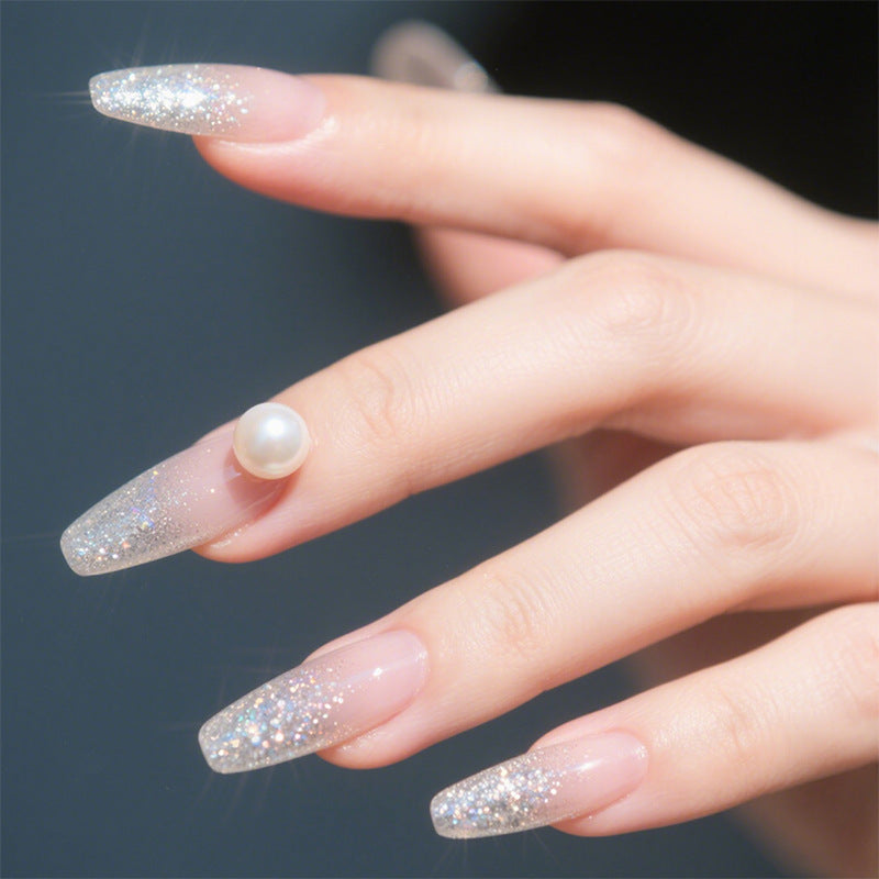 Elegant Press-On Nail Set with Glitter and Pearl Accents Bowlift