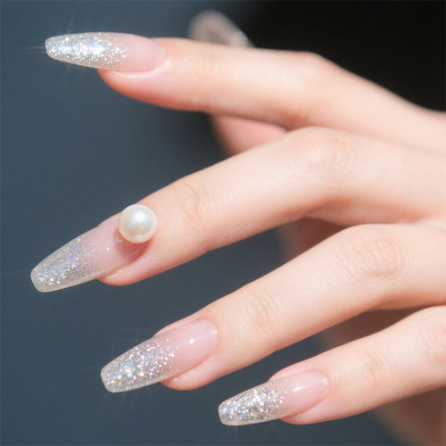 Elegant Press-On Nail Set with Glitter and Pearl Accents Bowlift