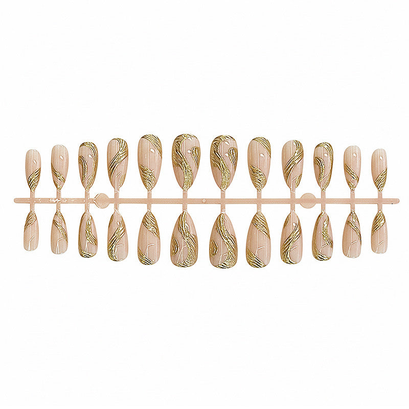 Artistic Press-On Nail Set with Gold Swirl Design Bowlift
